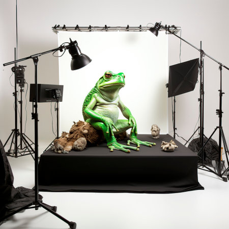 Funny photo session of the Green Frog model in the studioの素材