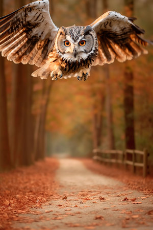 Owl flying head-on in forest with defocused bokeh for photography background.の素材