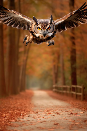 Spectacular Owl flying head-on in the forest with out-of-focus bokeh for the background of the photograph.の素材