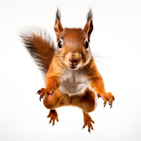 Agile Squirrel in Mid-Jump on Pristine White Backgroundの素材