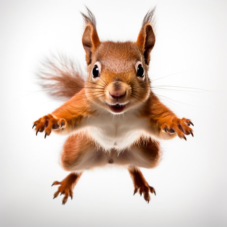 Squirrel leaps against a spotless white backdropの素材