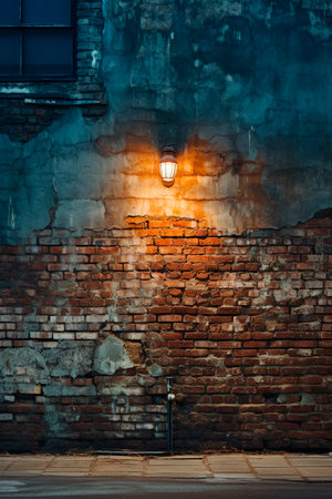Illuminated Alley: Vintage Lamps and Brick Walls After Duskの素材