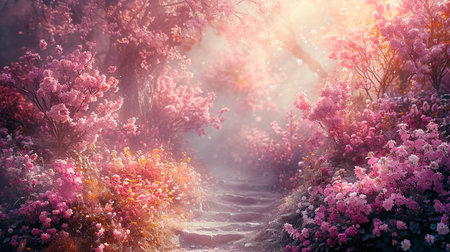 Spring landscape with blooming pink flowers on a sunny day. spring backgroundの素材