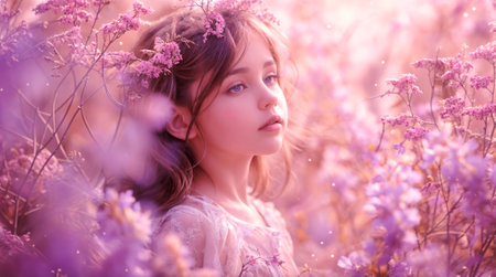 Young Girl in a Dreamy Pink Floral Settingの素材