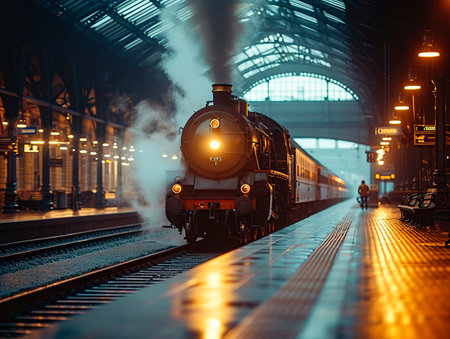 A timeless steam train pulls into a misty railway platform, its headlight piercing through the fog, offering a scene straight out of a historical novel.の素材