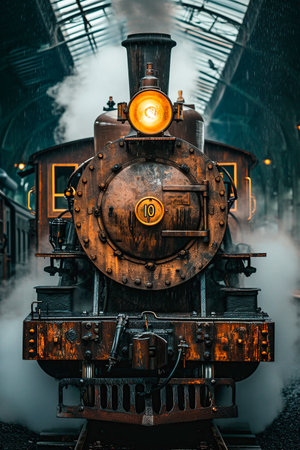 A majestic vintage steam train ready to depart, enveloped in steam and the golden glow of its headlight, in the nostalgic atmosphere of an old railway stationの素材