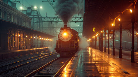 A timeless steam train pulls into a misty railway platform, its headlight piercing through the fog, offering a scene straight out of a historical novel.の素材