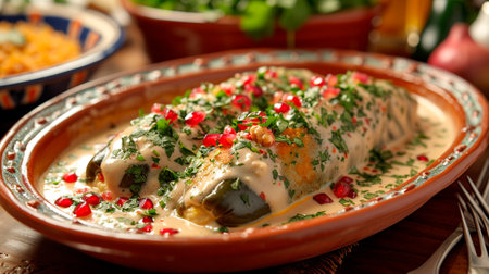 Traditional Mexican Chiles Rellenos covered in melted cheese and sprinkled with pomegranate seeds.の素材