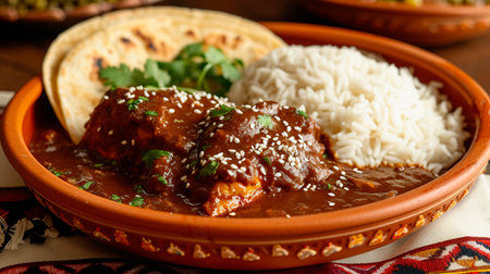 Traditional Mexican mole chicken served with white rice, garnished with sesame seeds on a terracotta plate.の素材