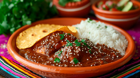 Mexican mole chicken topped with sesame seeds, served with rice and a crispy tortilla, on vibrant textile.の素材