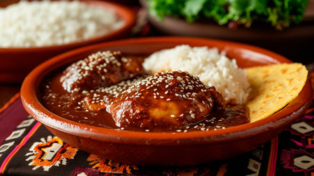 Traditional Mexican mole chicken served with white rice, garnished with sesame seeds on a terracotta plate.の素材