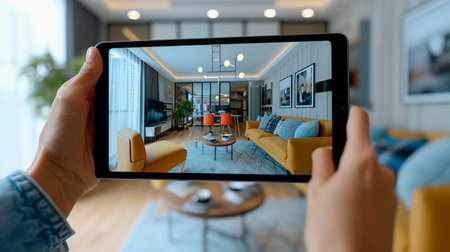 Hand holding a tablet displaying a furnished living room with augmented reality, blending virtual and real spaces.の素材