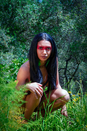 Portrait of an indigenous Brazilian woman with traditional face paint, crouching in a lush forest setting.の写真素材