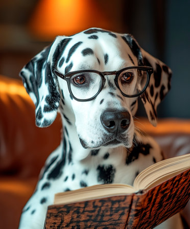 Close-up of a Dalmatian dog wearing glasses and attentively reading a book, set in a cozy, warmly lit room.の素材