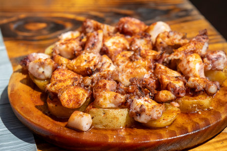 Close-up of Pulpo a la Gallega, a classic Spanish dish from Galicia featuring octopus, potatoes,...