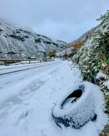 icy road with tire winter and snow in Spainの写真素材