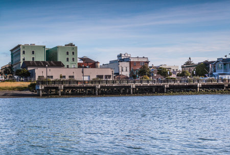 View of the Eureka waterfront from the Woodley Island in the Eureka Channel, Californiaの写真素材