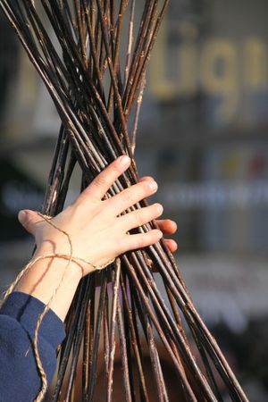 Creation of a wicker basket by a craftsmanの写真素材