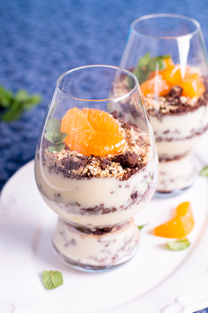 English Christmas trifle in a glassの写真素材