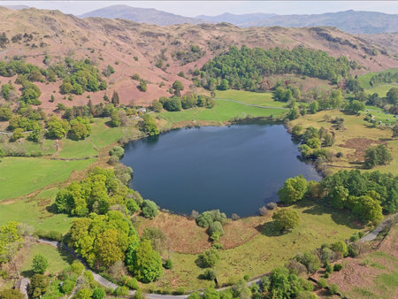 Aerial view of a serene lake surrounded by lush green fields, trees, and rolling hills under a clear sky.の写真素材