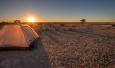 A tent pitched overlooking the makgadikgadi pansの写真素材