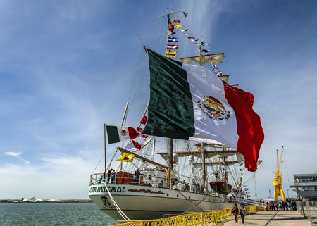 HUELVA, SPAIN, APRIL 15th 2017 Port of Huelva. The mexican sailboat Cuauthemoc does a scale in his trip for the worldのeditorial素材