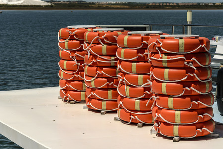 Many lifeguards in the cover of a shipの写真素材