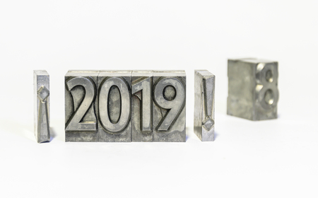 Happy new year 2019 with types of press. Goodbye 2018の写真素材