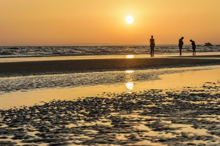 Silhouettes of people at sunset on the beach