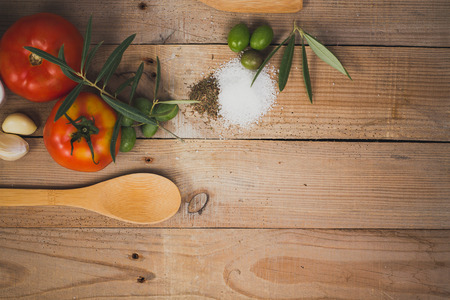 Top view of ingredients on wooden backgroundの写真素材