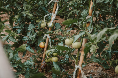 Tomatoes growing in a greenhouse. Growing tomatoes in a greenhouse.の写真素材