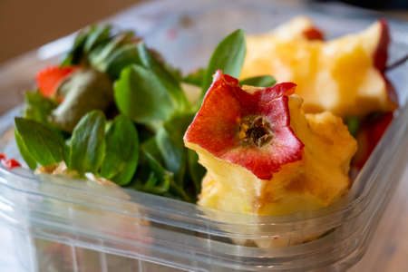 Eaten fruit food waste showing apple cores and strawberry leaves discarded in a plastic tray punnetの写真素材