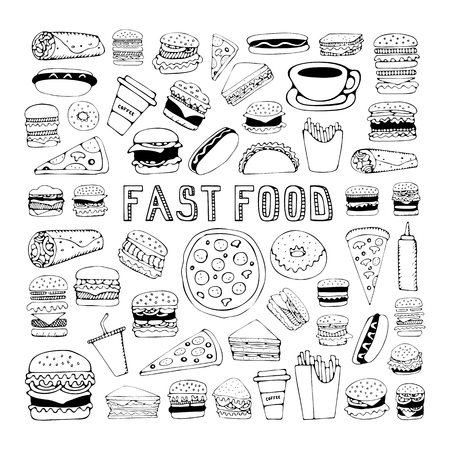 Fast food doodle set. Elements of fast food on the chalkboard. Vector illustration in sketch style. Hand drawn design elements.のイラスト素材