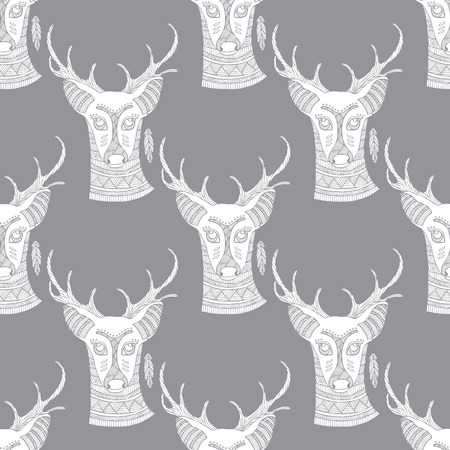 Deer seamless pattern. Lace background with deer heads. Illustration for the boho, tribal, ethnic style. Beautiful seamless pattern for fabric, background, scrap bookingのイラスト素材