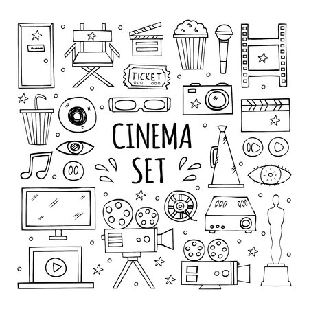 The hand drawn elements to create a logo cinema, film industry.  Multimedia symbols, logo designs and signs. Cinema design elements collection.のイラスト素材