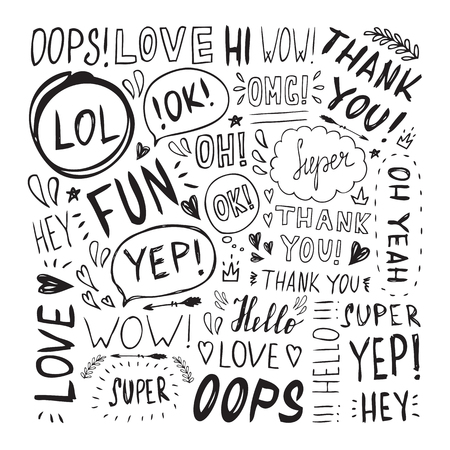 Hand drawn set with short phrases on white background.Set of hand written lettering words. Handwritten short phrases.のイラスト素材