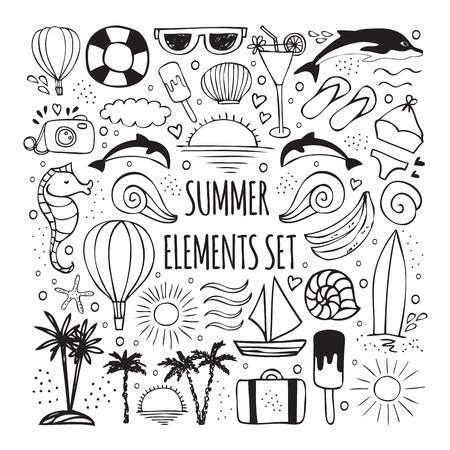 Summer hand drawn set of elements for  design, emblems  labels, badges, posters. Beach vacation, party, travel, tropical paradise, adventure. Summer holidays design elements and typography set.のイラスト素材