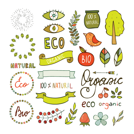 Modern hand drawn elements design organic, bio, natural logotypes. Hand drawn design elements, signs, Vector illustrationのイラスト素材