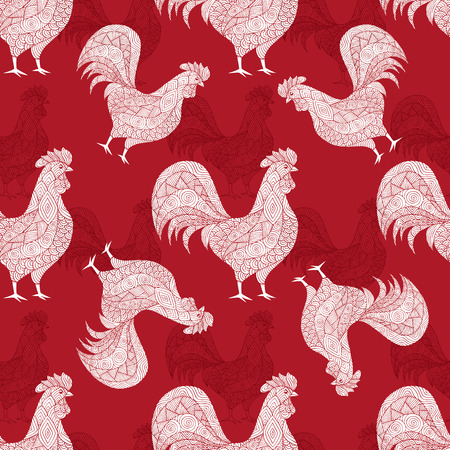 Seamless Christmas pattern with a picture of a rooster. Beautiful pattern for Christmas gifts.  Vector illustration in the style of doodle, ethnic, tribal design.のイラスト素材