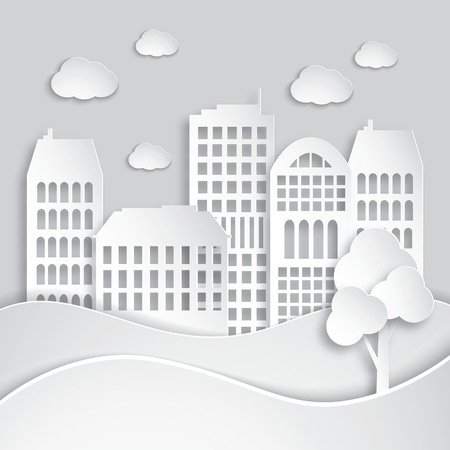 Abstract white houses made of paper. Modern city skyline. Paper art style. Vector Illustrationのイラスト素材