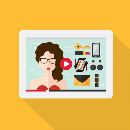 Fashionable young woman on the screen of the tablet. Vector illustration in flat styleのイラスト素材