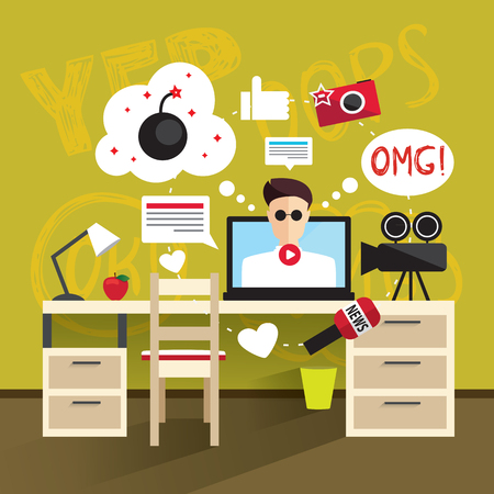 Working place modern man. A man records a video. Vector illustration in flat styleのイラスト素材
