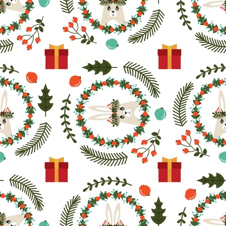 Christmas seamless pattern with the image of a rabbit. Vector illustrationのイラスト素材