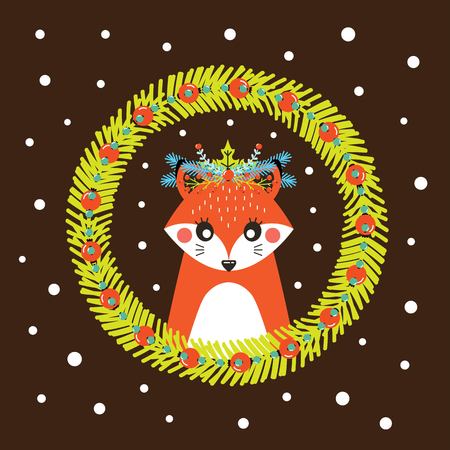 Cute Christmas card with a picture of a Fox in a Scandinavian styleのイラスト素材