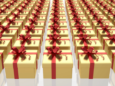 Golden gift boxes with red ribbon on white background. 3D rendering
