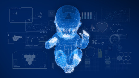 Wire frame of the model of the baby with graphics research on blue screen.3D rendering.の写真素材