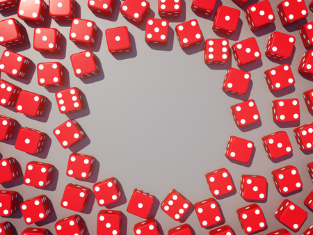 Red dice view from above on glossy background.3D renderingの写真素材