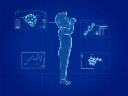 Wire frame of the model of boy drinking milk with graphics research on blue screen.3D rendering.