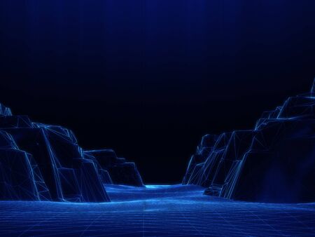 Wire frame of mountain rock ,cliff model ,abstract space background.3D rendering
