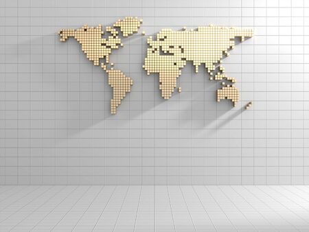 World map made by golden cube box on white wall  in empty room.3D rendering.